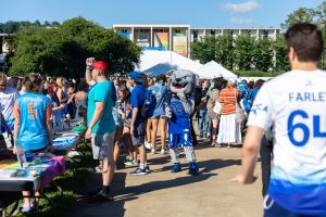 Rocky at a large event on the quad