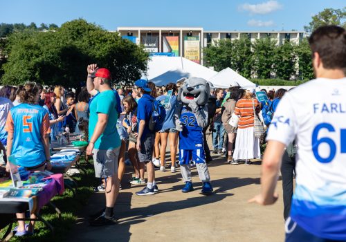 Rocky at a large event on the quad